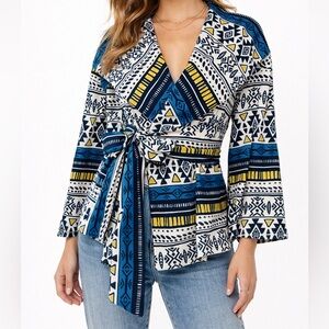 CALS Boho Hooded Wrap Kimono Jacket Geometric Tie Waist Large